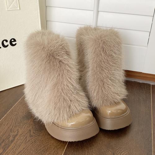 Fashion Winter Fuzzy Boots Women Furry Shoes Fluffy Fur Snow Boots Plush Lining Slip-on Rubber Flat Outdoor Bowtie Warm Ladies Footwear