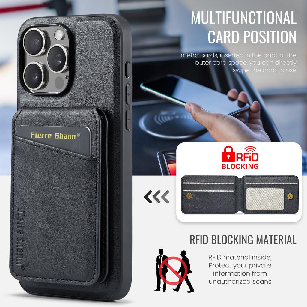 FIERRE SHANN 025 Style For iPhone 16 Pro Case Leather+TPU Detachable Card Slots Phone Cover