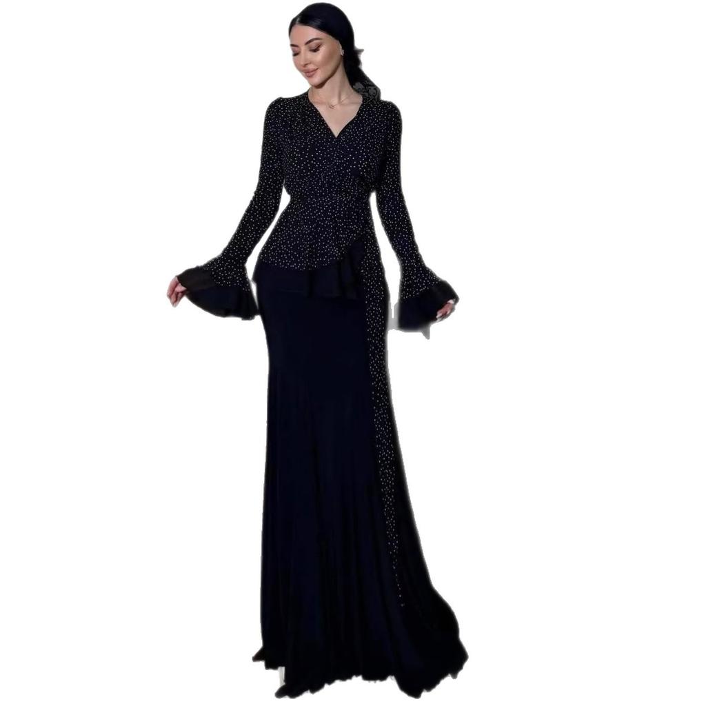 Cross-border European and American Women's Clothing  Amazon Sexy V-neck Light Luxury Long-sleeved Temperament Lace-up French Top Skirt