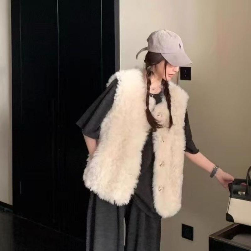 Damen Lammwollimitat Weiß Weste Koreanische Lockere Damen Rundhalsweste Herbst Bequem Vielseitig Weiblich Einreihige Jacke
