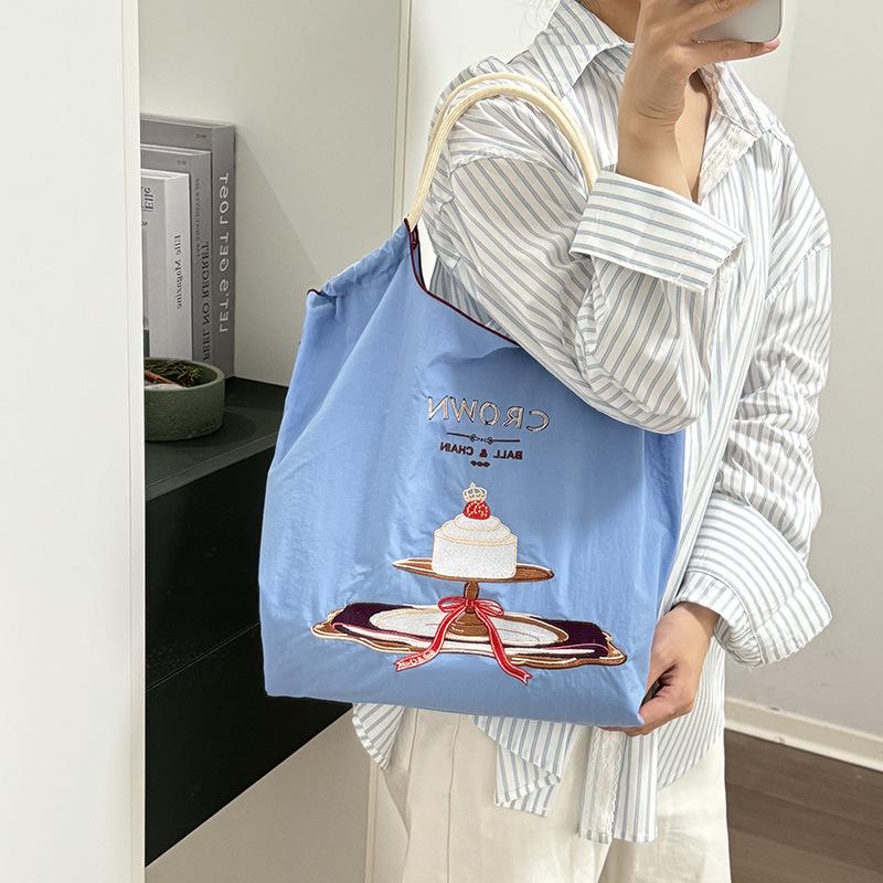Crown Cake Japanese Girl Embroidered Canvas Crossbody Tote Bag - Large Capacity for Spring Outings