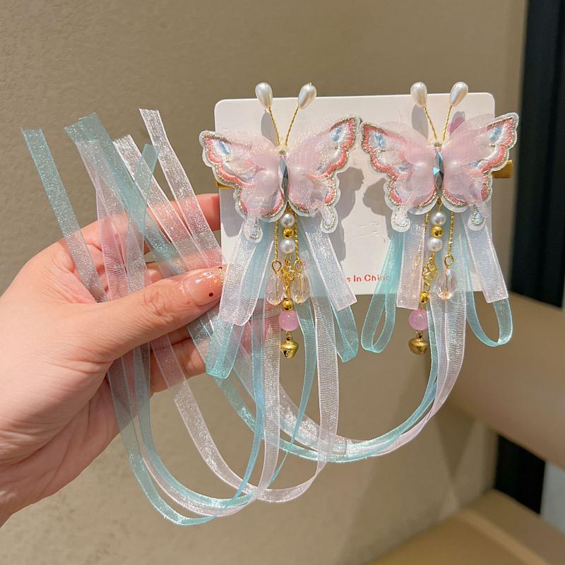 1 Pair Ancient Chinese Hanfu Girl'S Tassel Hair Clip Princess Style Flowing Silk Hairpin Adorable Headwear For Little Girls
