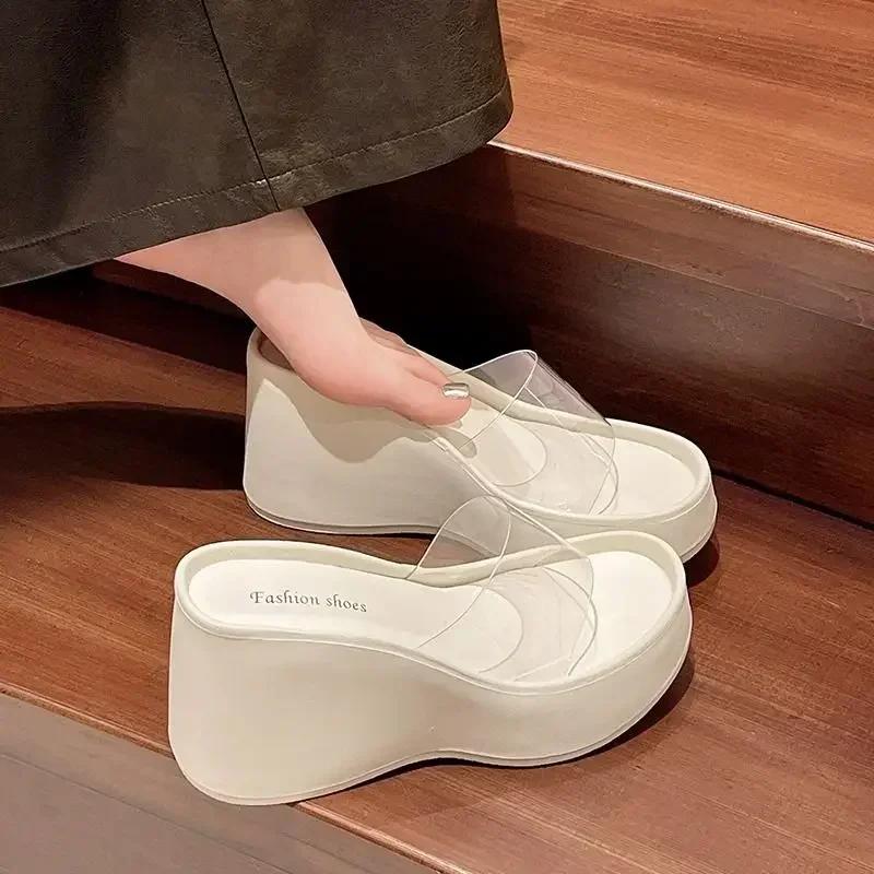 Fashion 2025 Summer New Thick Bottom High Heel Slippers for Women Fashionable Transparent Sponge Cake Versatile Beach Slipper Sandals