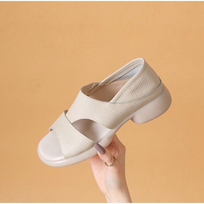 Genuine Leather Women Sandals Summer Casual Shoes Flat Soft Comfort Mother Shoes Yellow Black Plus Size 41