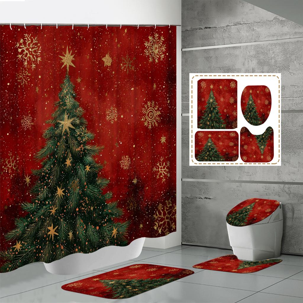 4PCS  Shower Curtain Sets With Shower Curtain And Rugs Toilet Lid Rug U Shape Mat And Bath Mat Bathroom Set  With 12 Hooks
