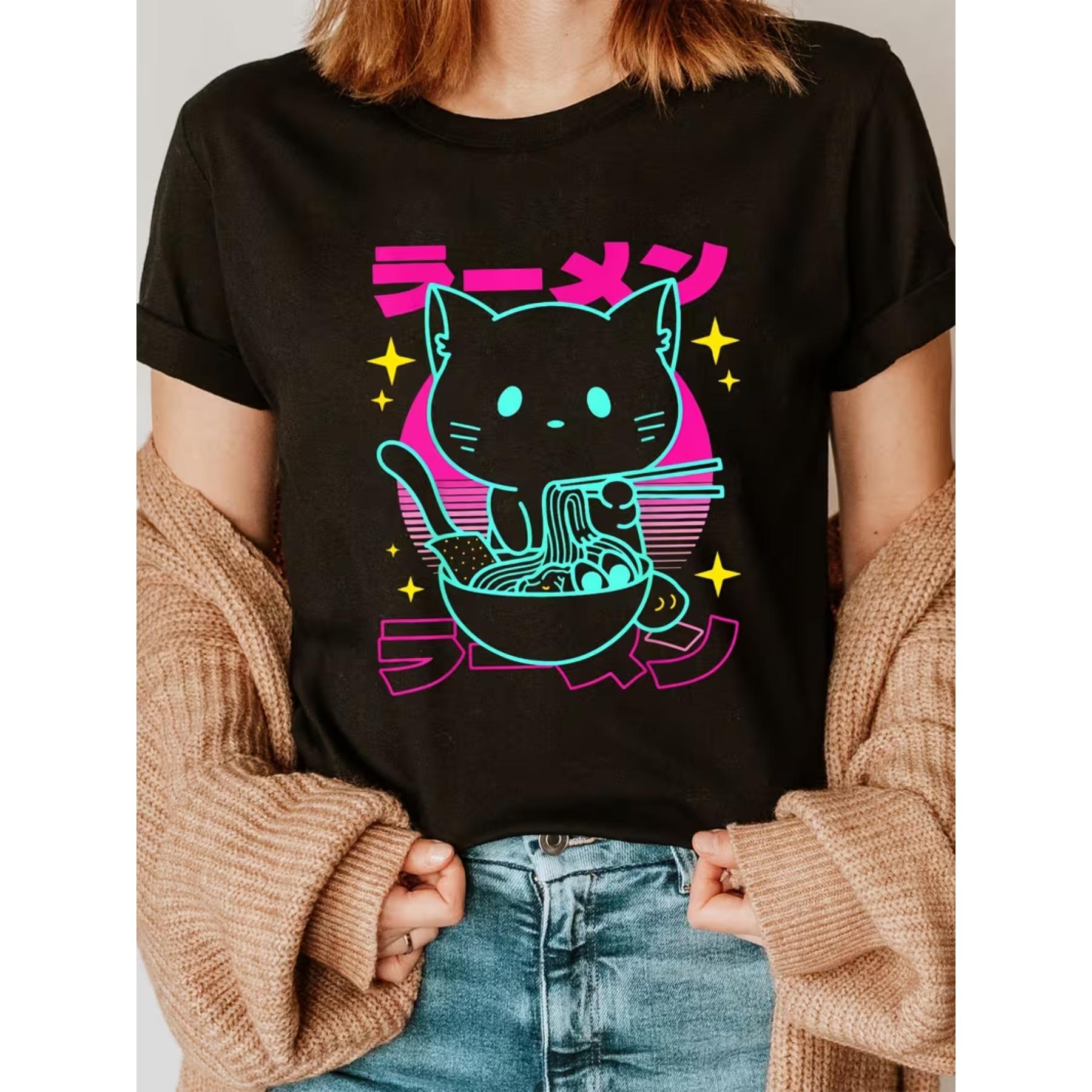 Anime Ramen Cat Graphic T-Shirt - Cute Cartoon Cat Eating Ramen with Stars & Japanese Text Print S чёрный