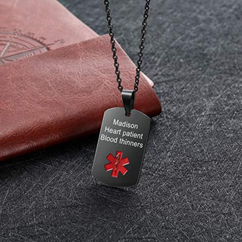 Custom Engraved Stainless Steel Medical Alert Id Tag Pendant Identification Necklace
