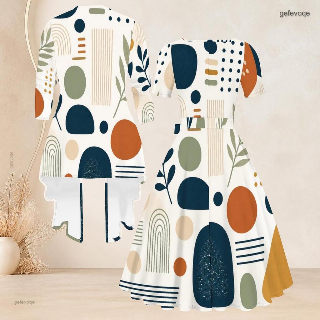 Women Plus Size Abstract Printed Two Piece Set Square Neck Short Sleeve Tie Waist Flared Dress And Long Sleeve Cardigan