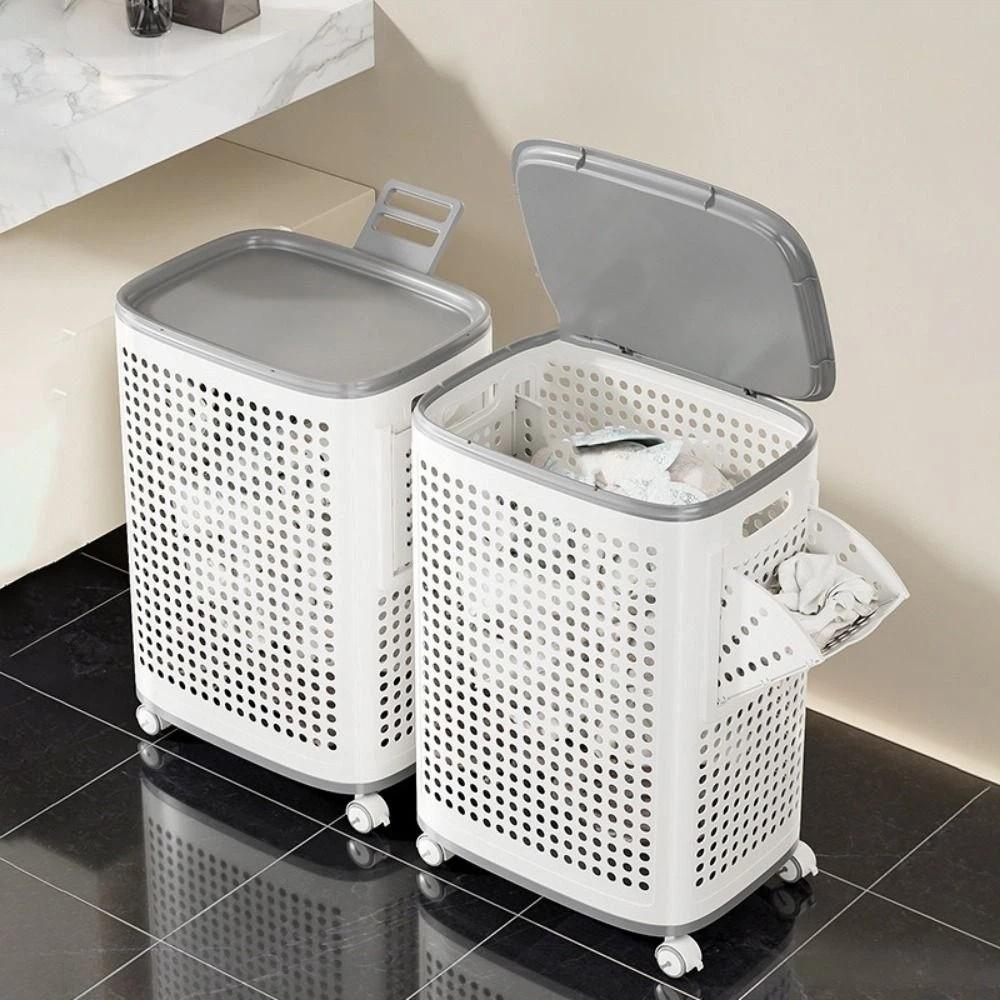 Plastic Folding Dirty Clothes Basket Dust-proof Rolling Laundry Basket  Apartment