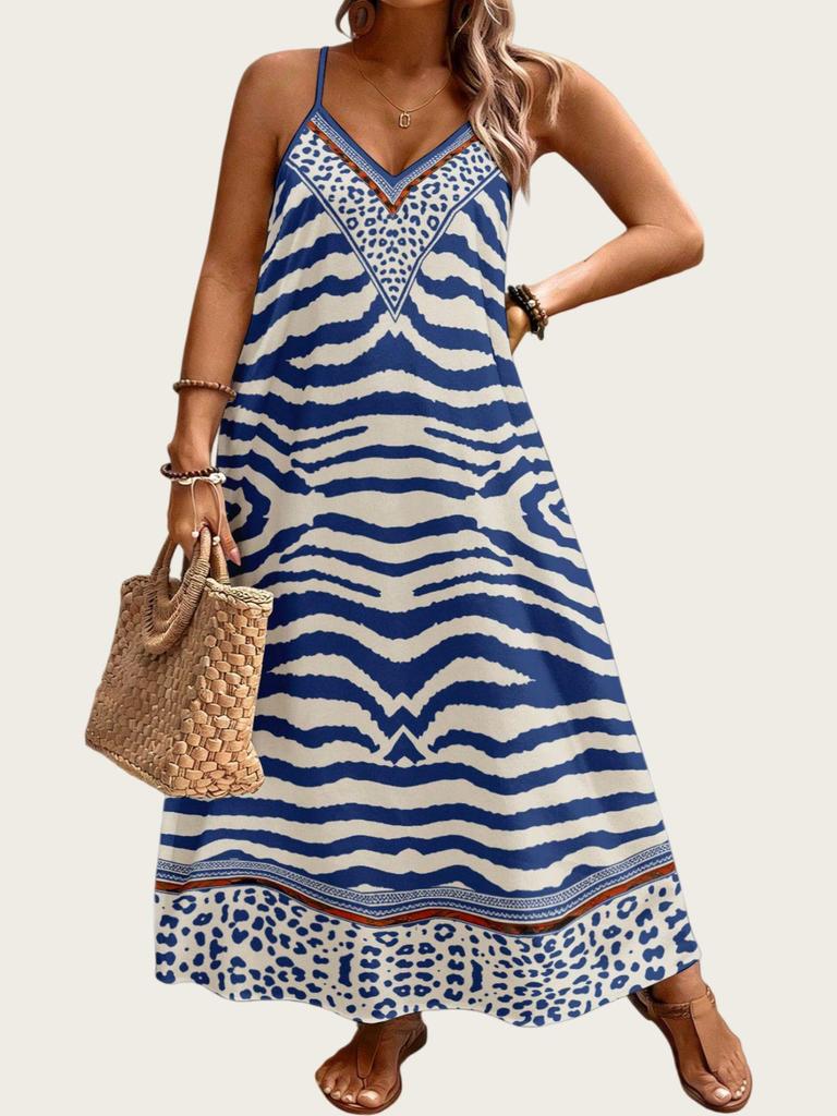 Bohemian Zebra Print V-neck Maxi Dress