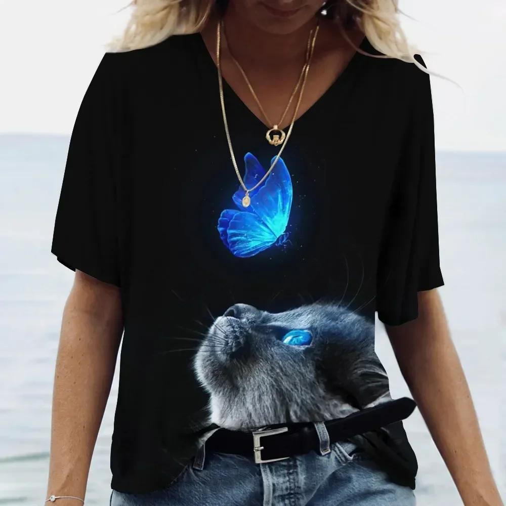 Übergröße Damen T-Shirt Kawaii Katzenaufdruck 3D T-Shirt Top Mädchen Y2k Kleidung Kurzarm T-Shirts V-Ausschnitt Lässig Urlaub Damen T-Shirt