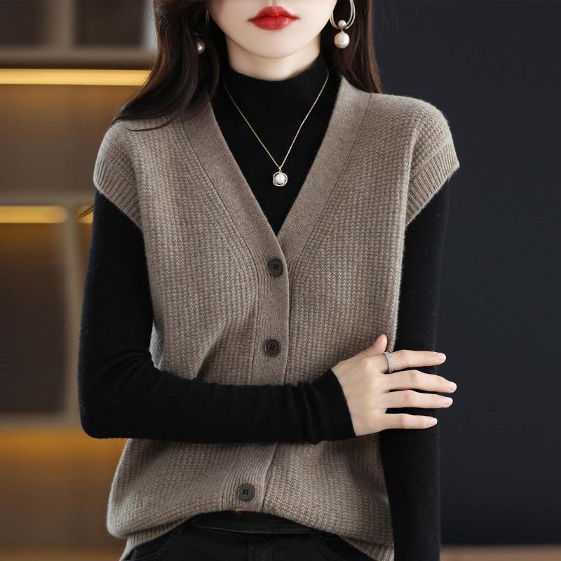 

Жилет-свитер с V-образным вырезом на пуговицах спереди, повседневный трикотажный жилет без рукавов для весны и осени, женская одежда XL хаки