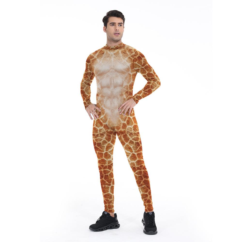 Erwachsener Fuchs Tiger Leopard Zebra Giraffe Schlange Tier Rollenspiel Druck Jumpsuit Leggings Frauen Männer Halloween Party Cosplay Kostüm M beige