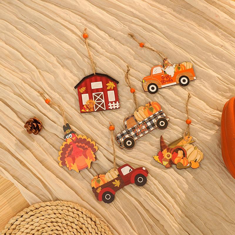 Harvest Festival Wooden Sign Turkey Pendant Thanksgiving Wooden Painted Car Pendant Pumpkin Wooden Sign Decoration
