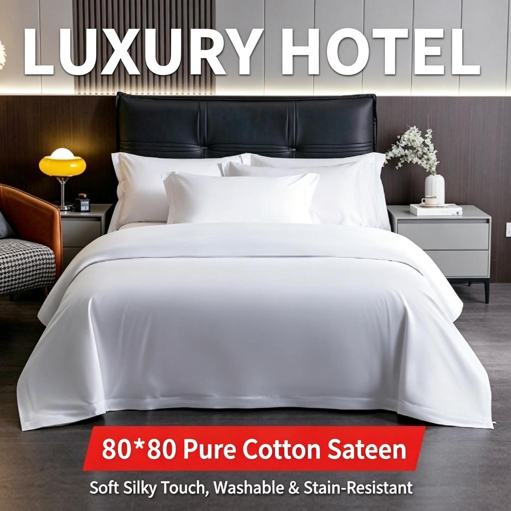 White Cotton Sateen Bedding Set Hotel Style 60S Soft Duvet Cover Sheet All Season