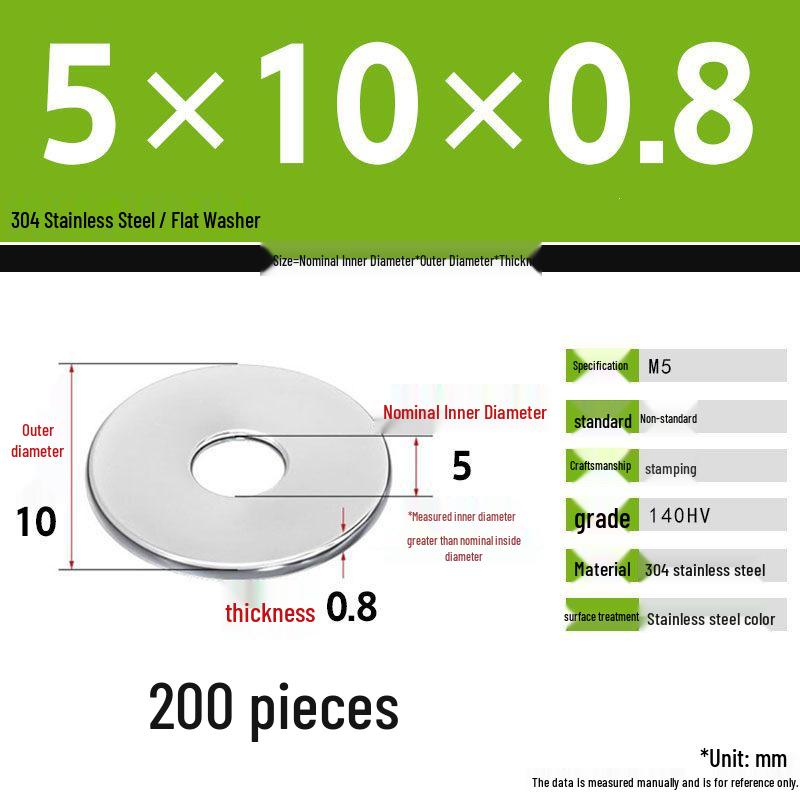304 Stainless Steel Thickened Flat Washer Set, Sizes 2-36