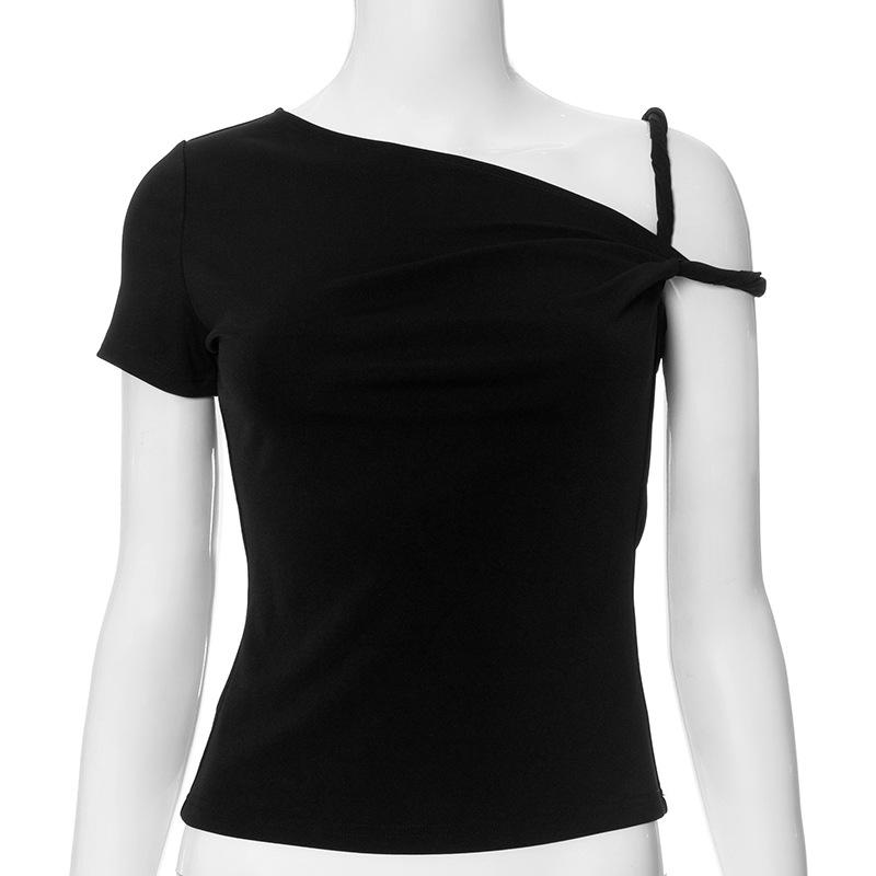 

YYFS Женская мода Повседневная Летняя Весна Однотонный Принт Короткий Рукав Косой Воротник Блузки и Рубашки S чёрный