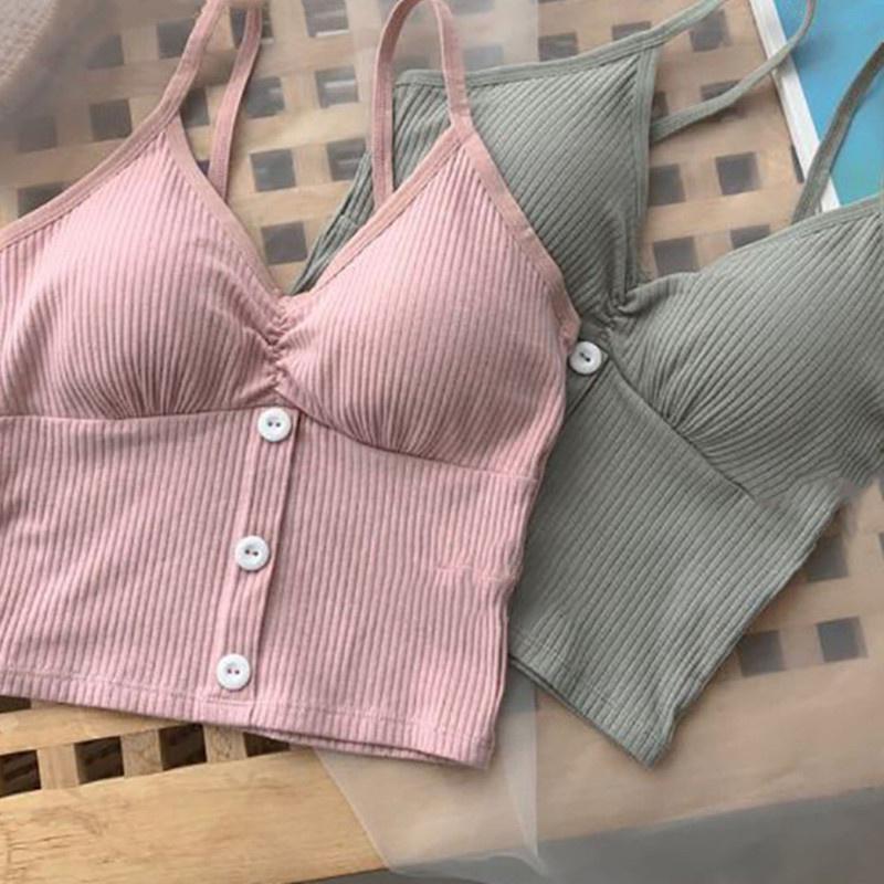 Fashion Ladies V-Neck Knitted Button Strap Vests Sexy Solid Colors Sleeveless Tank Tops Spring and Summer and Autumn Seamless Underwear Camisoles