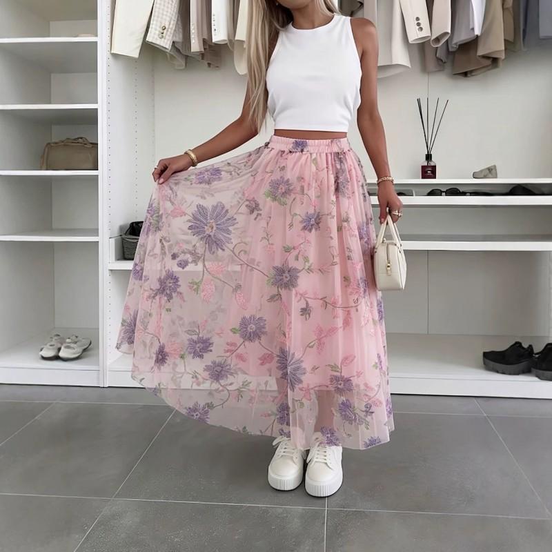 Womens Mesh Midi Skirt Floral Print Elastic Waist Loose Fit Daily Wear Travel