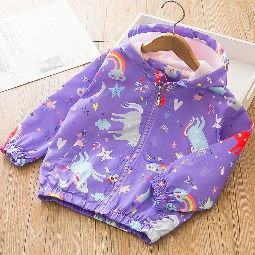 Spring Summer Kids Girls Windbreaker Unicorn Jackets Cartoon Hooded Blue Color Jackets for Girls Child Outerwear 2-8years Old