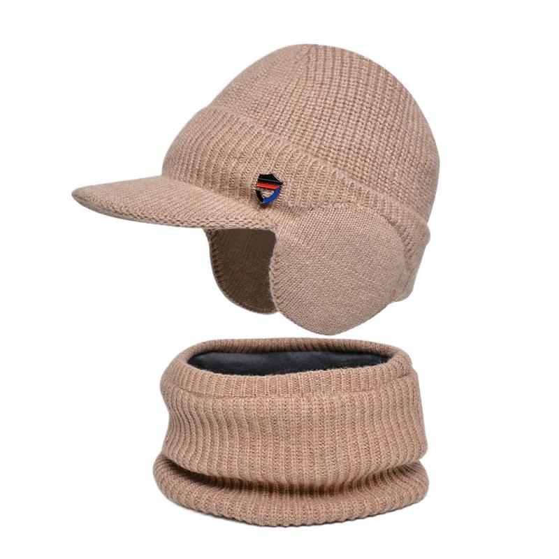 Winter warm ear protection hat scarf set plush wool hat men's European and American pullover knitted hat