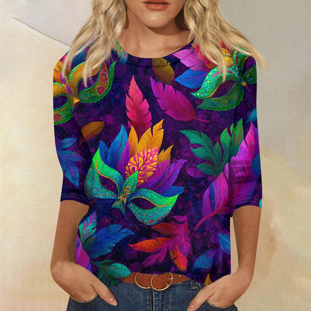Women's Fashion Casual Round Neck Three-quarter Sleeve Carnival Print T-shirt Top