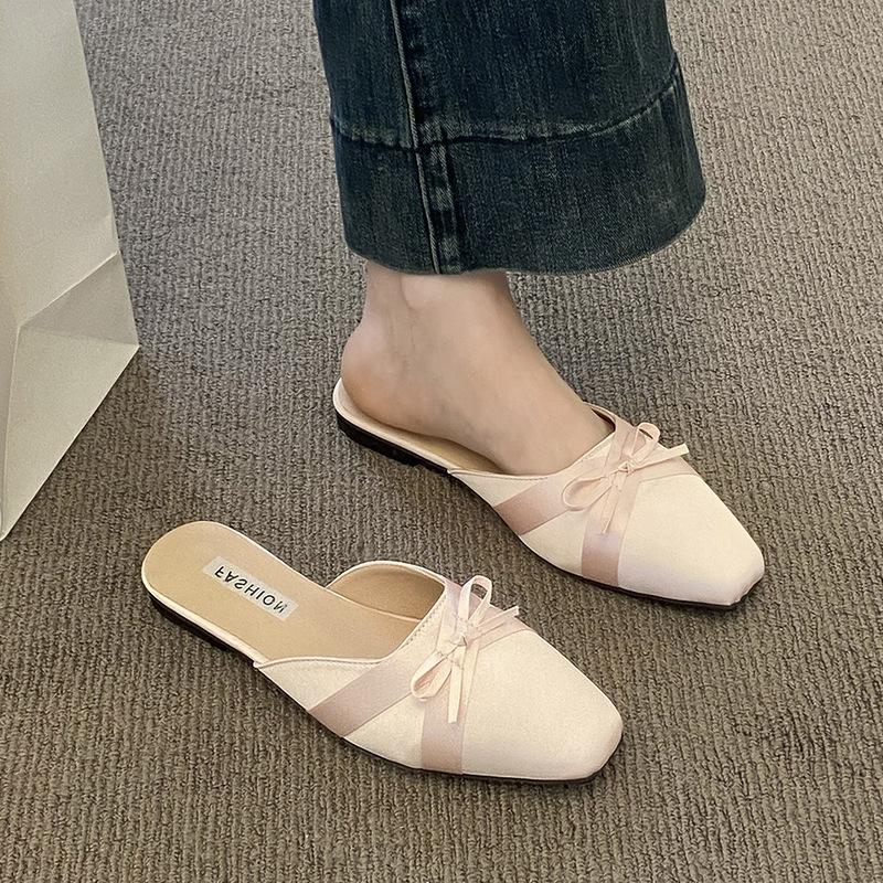 Summer Season New Satin Pearl Versatile Beautiful Cool Half Drag Outside Shoes Square Head Flat Bottom Bag Head Slippers