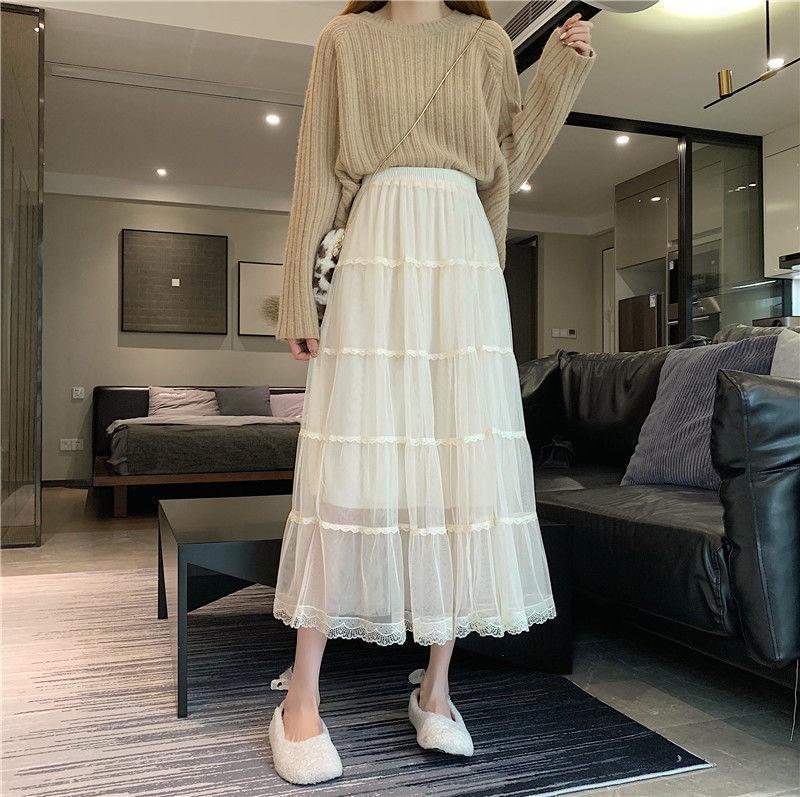 Sweet Mesh Skirts Women Korean Fahion Lace Cake Long Skirts Y2K Faldas Spring Female Elegant Chic Ruffle Maxi Skirt