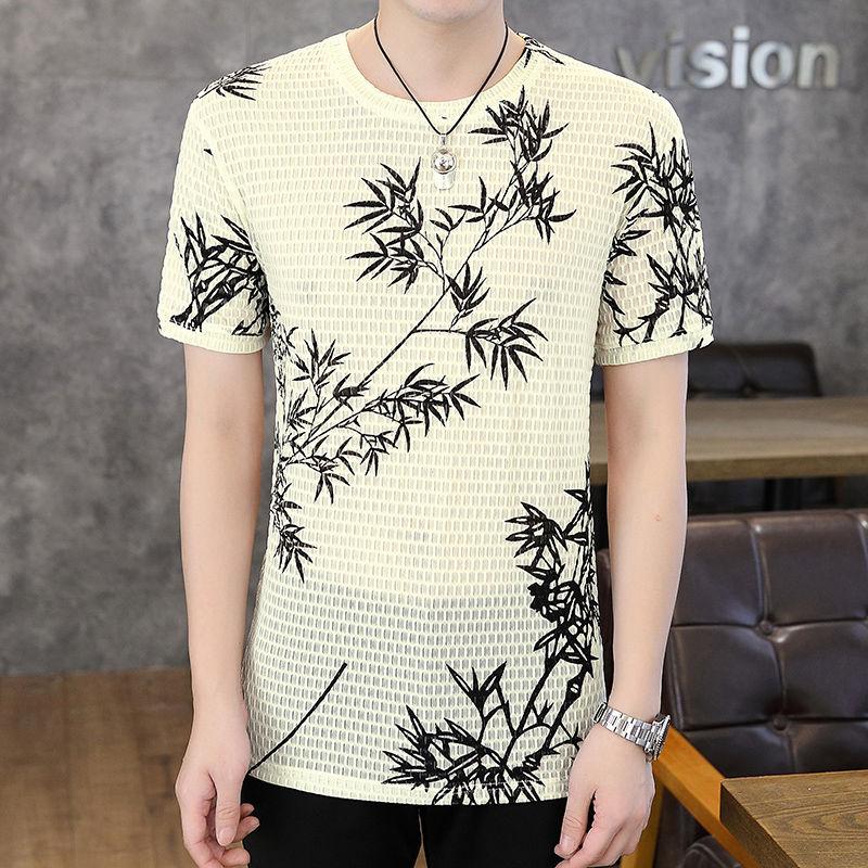 Summer Ice Silk Short-sleeved T-shirt New Casual Versatile Round Neck T-shirt for Men's Thin Style Without Trace