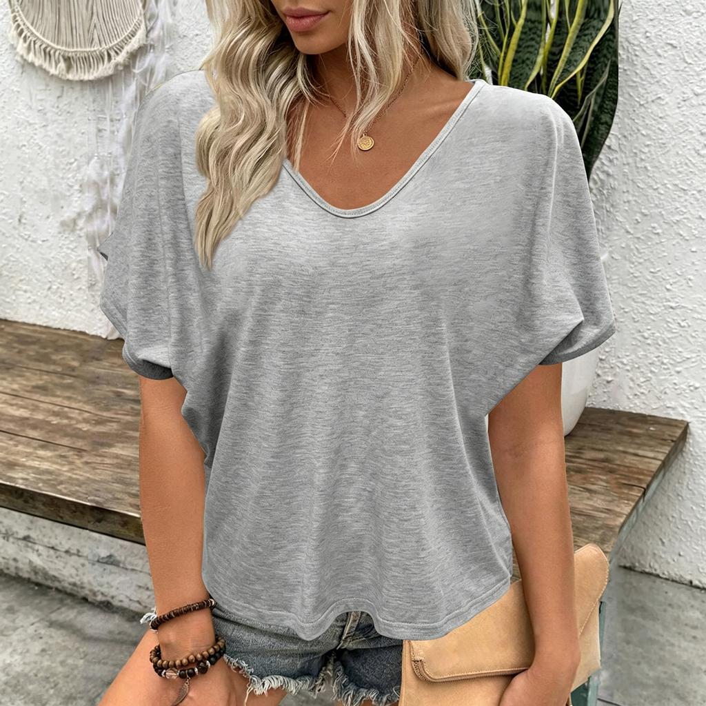 Loose Fit V Neck Short Sleeve T Shirt Casual Lightweight Wrinkled Texture Summer Top for Women Comfortable Everyday Wear