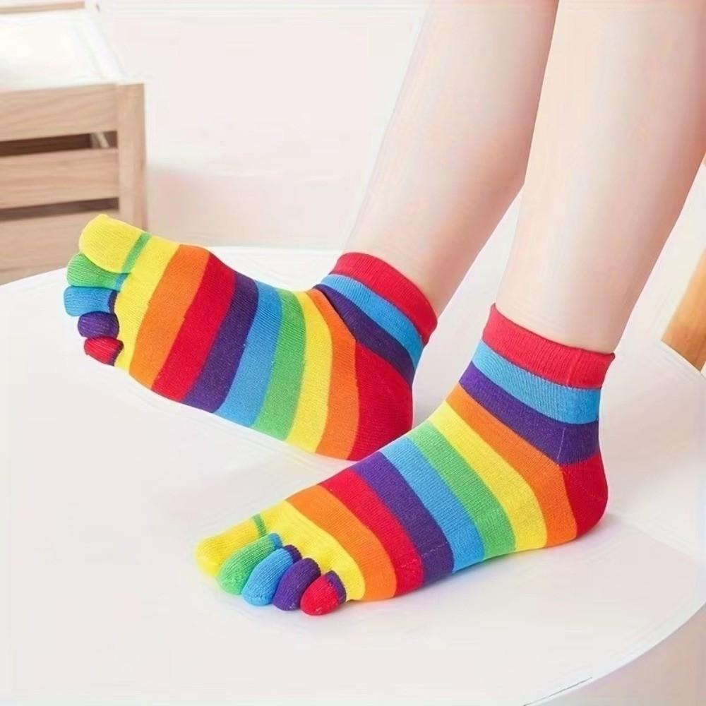 1 Pair New Colorful Five Finger Socks Rainbow Striped Sweat Absorbing Women Toe Socks Floor Socks Comfort Cotton Yoga Socks