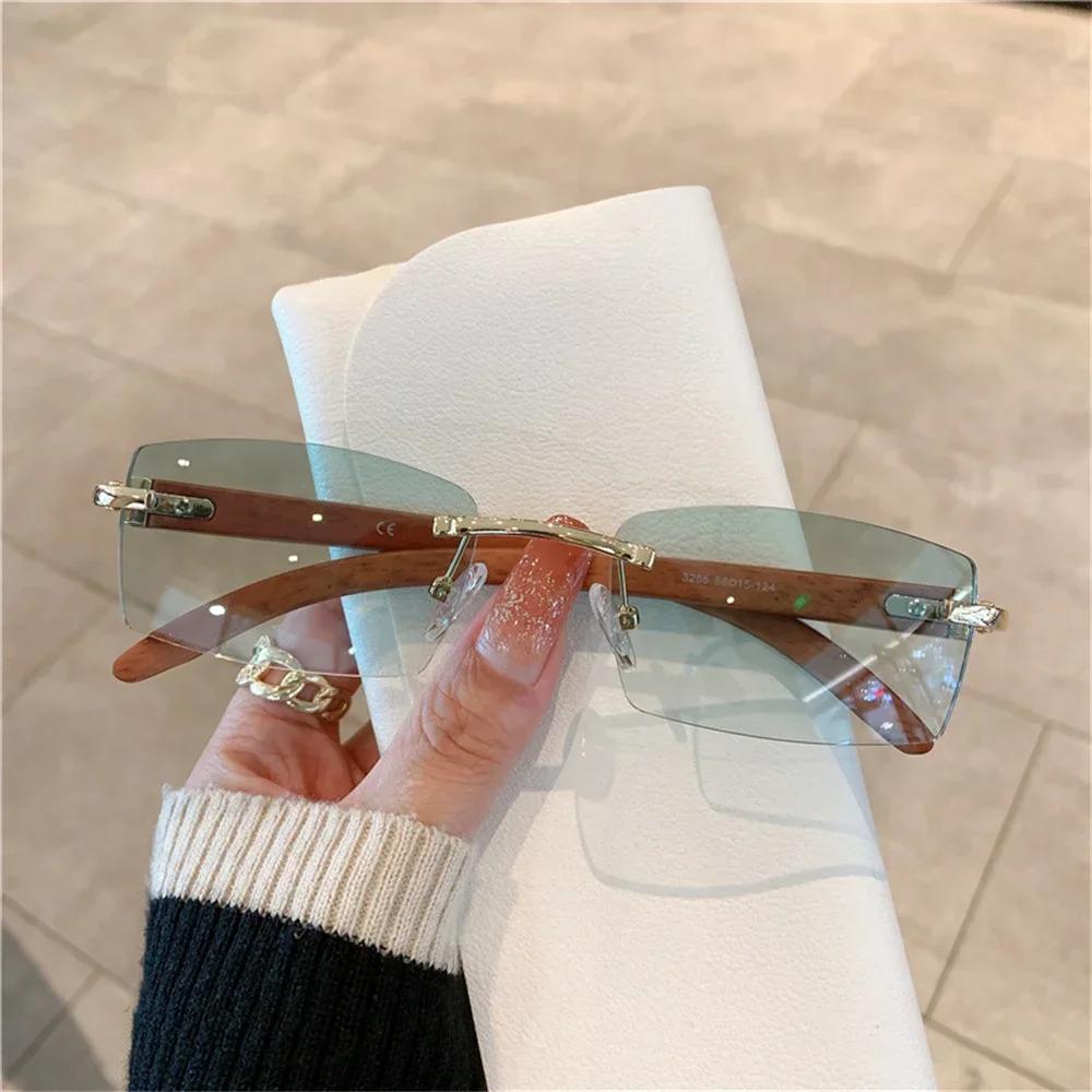Prostokątne okulary przeciwsłoneczne bez oprawek dla kobiet mężczyzn Gangster 90s bezramowe odcienie Retro Vintage modne okulary z drewnianą ramką
