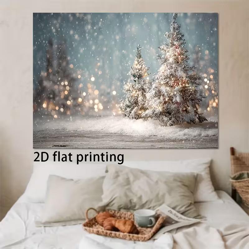 2D Cozy Snowy Christmas Photography Backdrop, Pastel Winter Scene with Snowy Trees & Lights