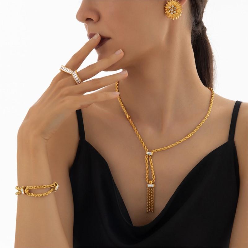 Women's Tassel Pendant Stainless Steel Necklace Bracelet 18k Gold Plated Waterproof Twist Neck Chain Bracelets Set For Women