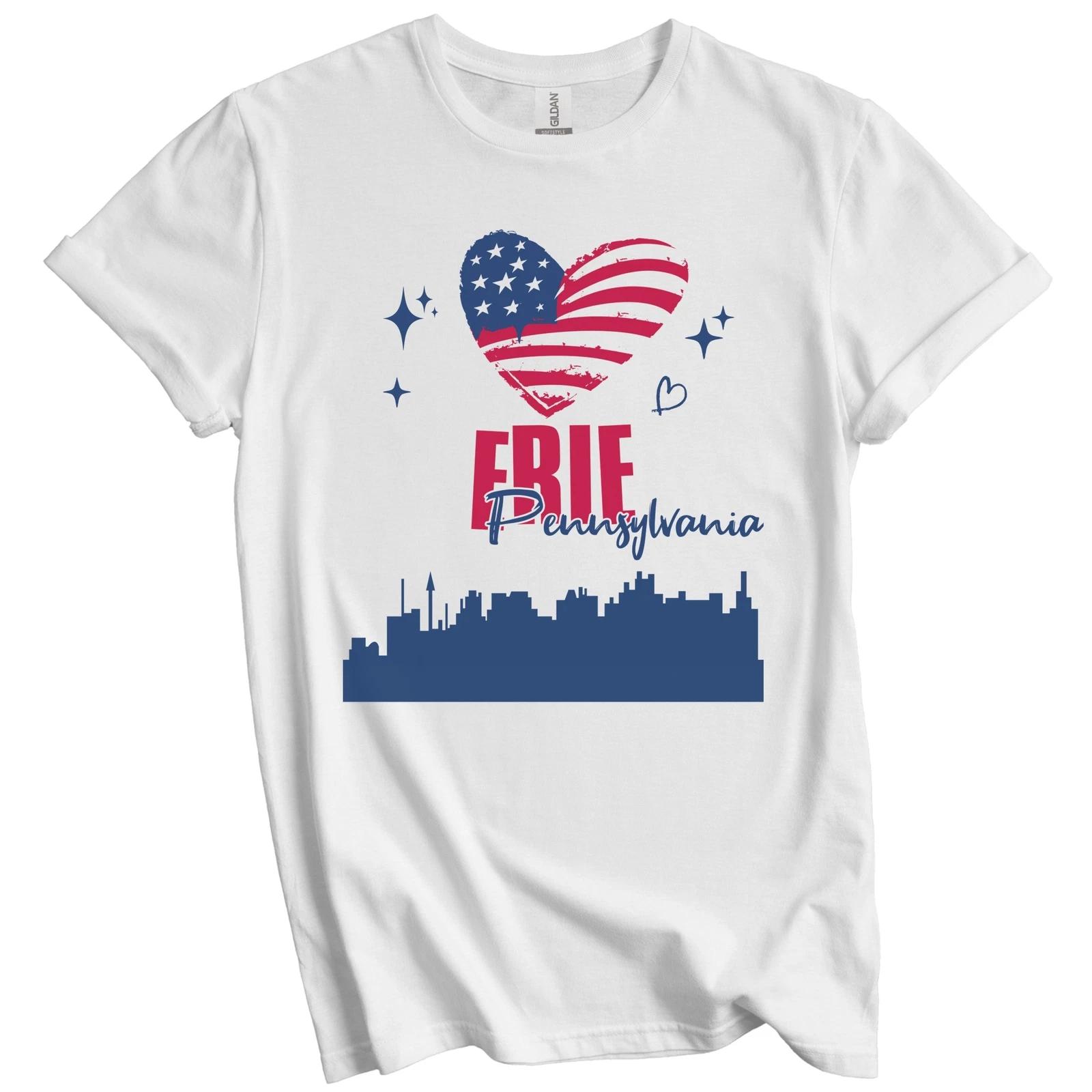 Erie Pennsylvania Skyline American Flag Heart 4th of July T-Shirt 3XL
