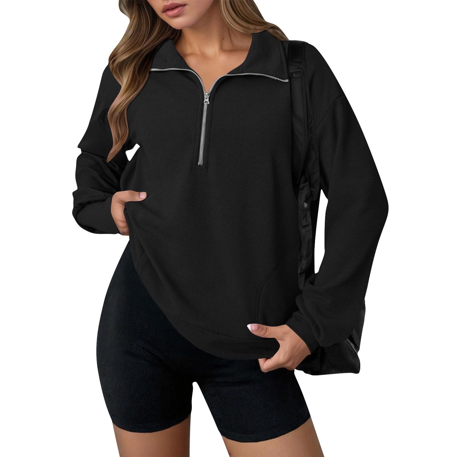 

Women s Fashion Solid Color Zipper Lapel Solid Color Casual Sweatshirt Loose L чёрный