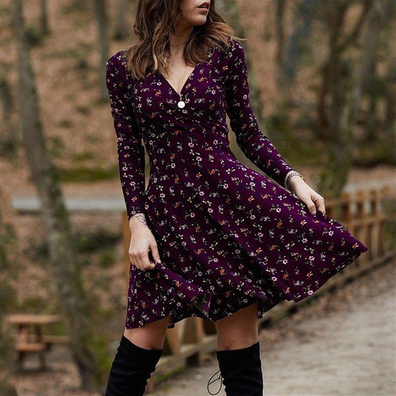 

Mini Dress Women Fashion Long Sleeve Loose A- Line Dresses Purple L