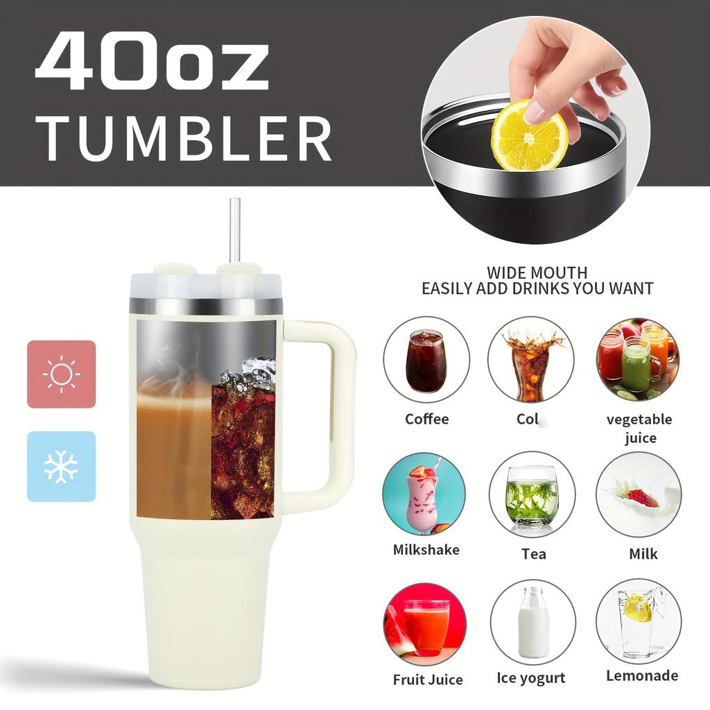 40oz Stainless Steel Car Cup Large Capacity Water Cup with Handle and Straw Double-walled Insulated Travel Mug Holiday Gifts