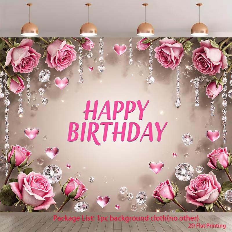 

2D Elegant Floral Birthday Backdrop, Pink Rose & Diamond Decor Background Cloth 47.2x31.5inch/120*80cm