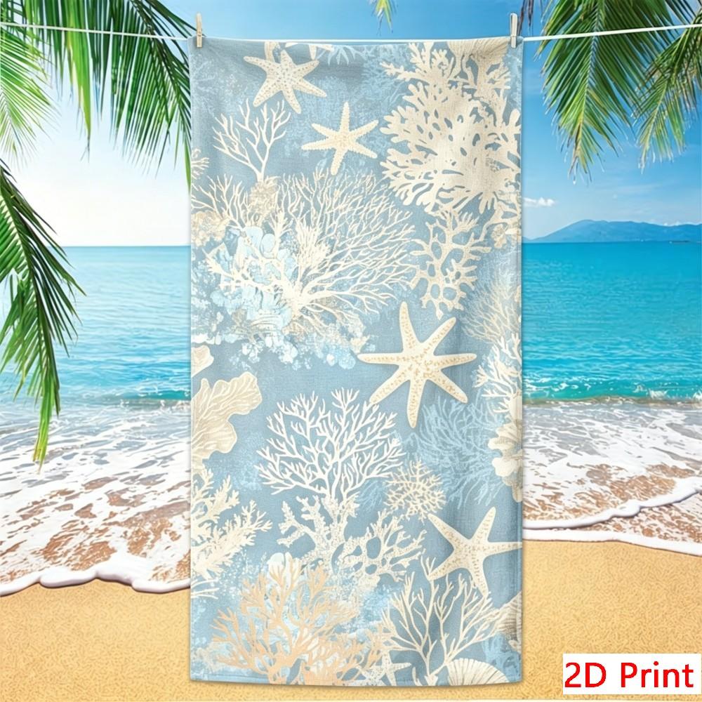 Beautiful Coral Reef Beach Towel, Blue & White Ocean Theme, Ideal for Relaxing by the Water or Poolside