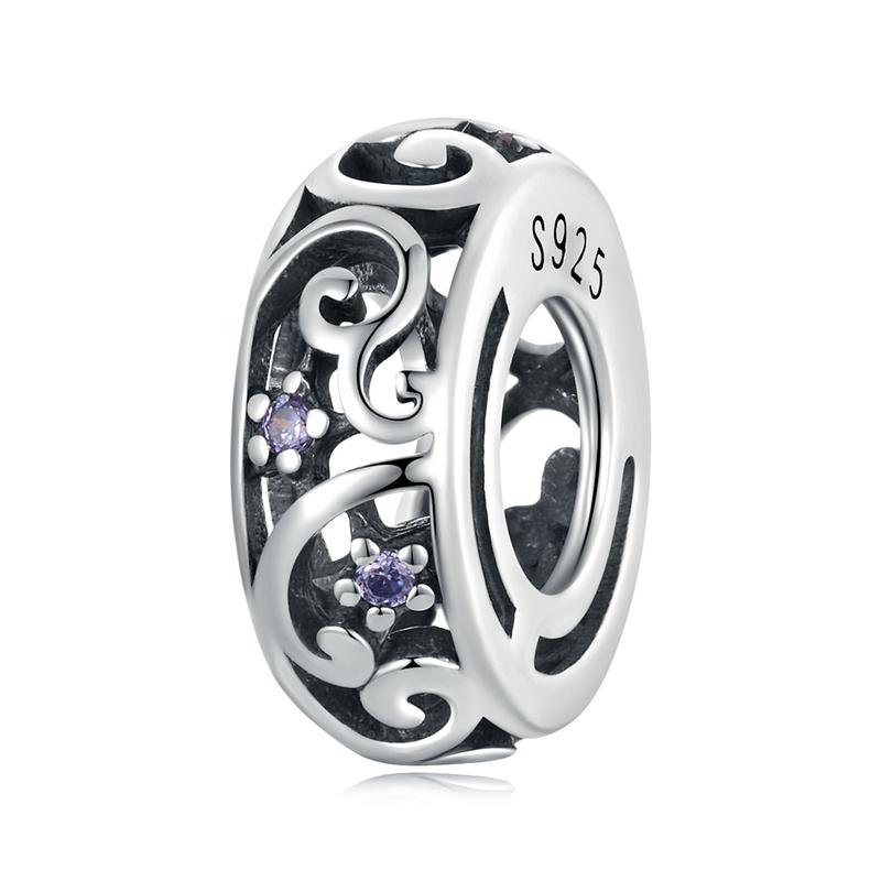 Bamoer 925 Sterling Sølv Vintage Tekstur Lilla Zirkonium Anheng passer Kvinner DIY Armbånd & Armring Perle Glansfulle Perle Charms
