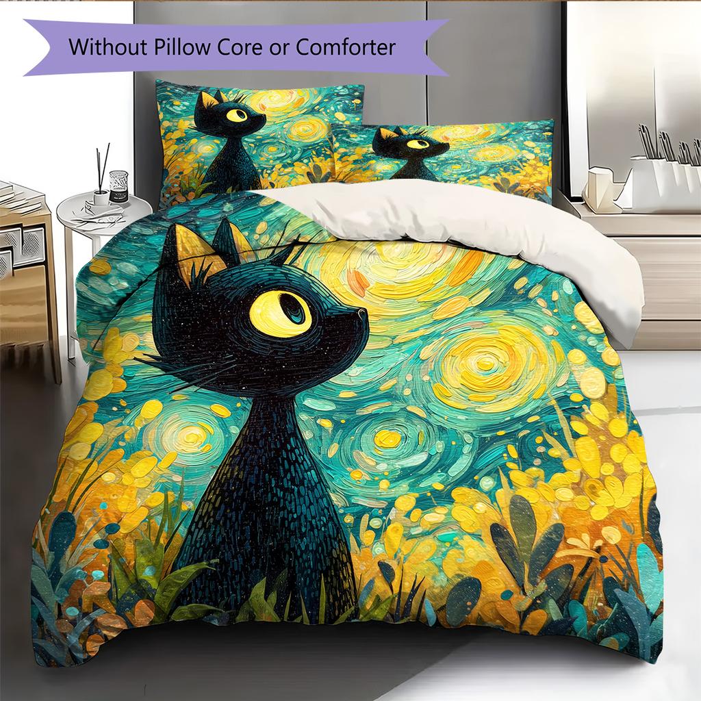 Starry Sky Black Cat  Pattern Bedding Quilt Set Quilt Cover Pillowcase Home Decoration  Gift (1 * Duvet Cover + 2 * Pillowcase, Without Core)
