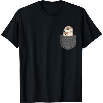 Otter Lover Pocket Gifts Unisex-Adults & Kids T-Shirt Black Small Cartoon Crew Neck Short Sleeve