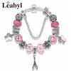 New Valentine's Romantic Pink Heart Charm Bracelet & Bangle Fine Crystal Diy Bead Bracelet Jewelry for Women Girl Gift