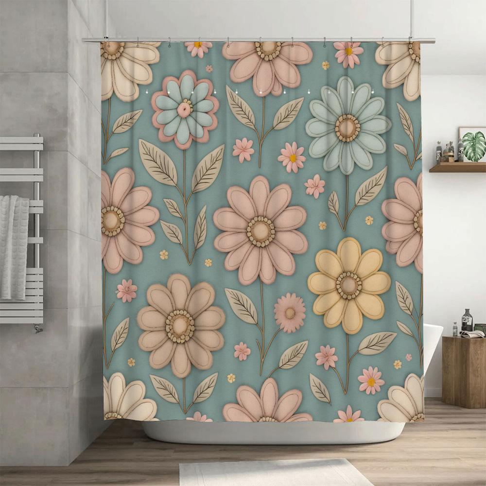 Spring Garden Flower Printed Shower Curtain Blue Floral Decor For Bathroom Accessories Pink, Green, Yellow And White Made In Chi