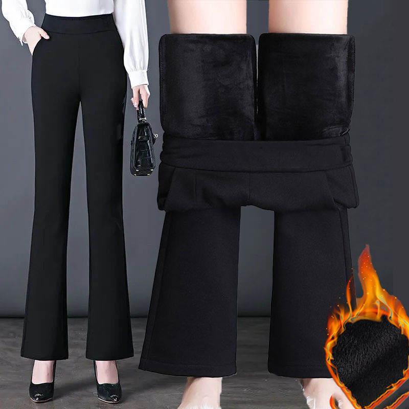 Vinter Tykk Varm Høy Midje Dame Vide Ben Sleng Capribukser for Kvinner OL Kontor Skinny Bukser Dame Bukser