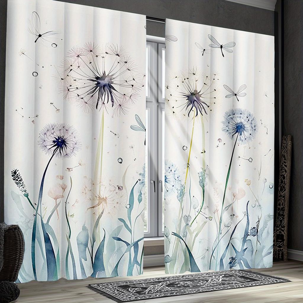 Blue Dandelion Dragonfly Print Curtains Polyester Fabric Suitable Bedroom Living Room Decoration Curtain Machine Washable Ideal For Sitting