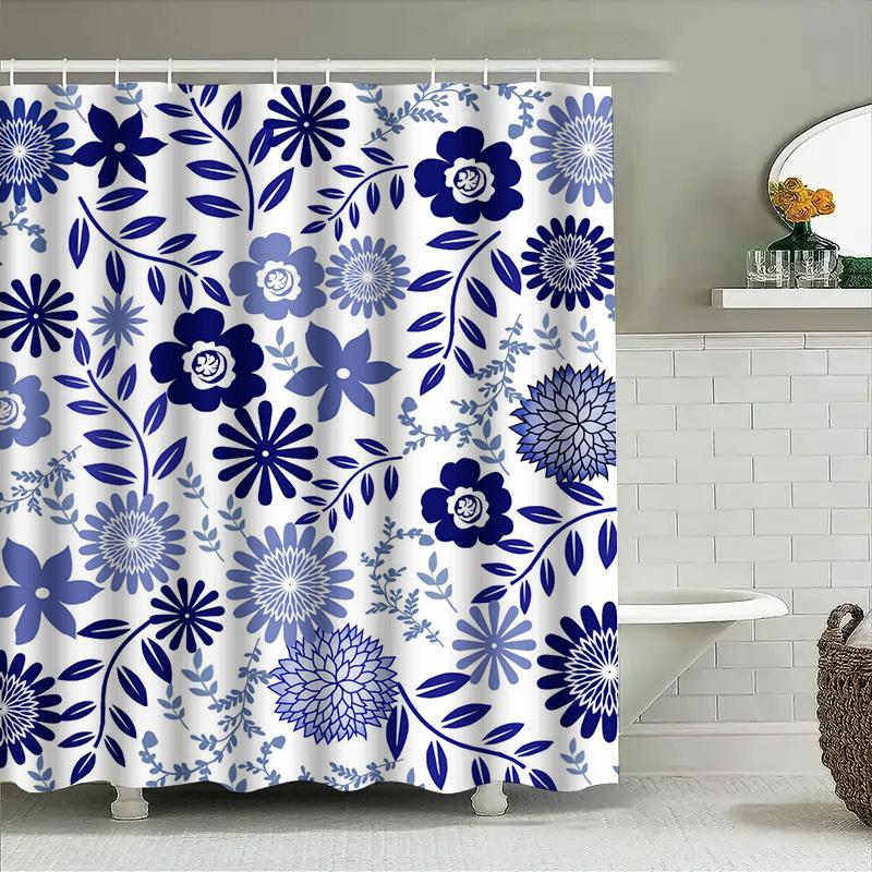Rideau de douche floral bleu élégant Imperméable Décor de salle de bain Polyester Rideaux de douche Ensemble Linge de bain Décoration de maison XL (72X84 Pouces