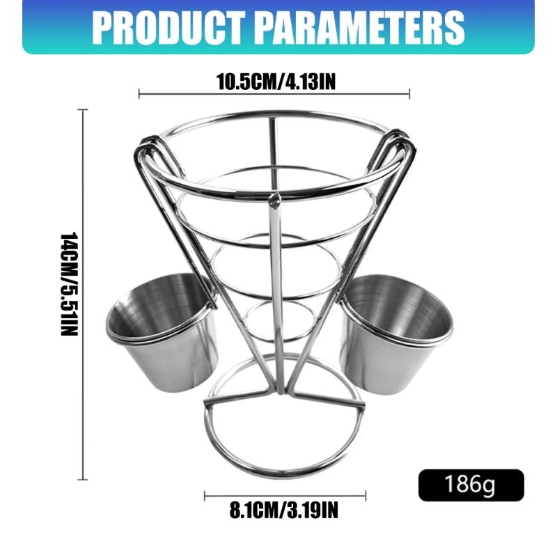 French Fry Holder Stand Cone Shape Metal Wire Basket with Sauce Dippers Cup for Home Parties/Backyard Picnics/Appetizers