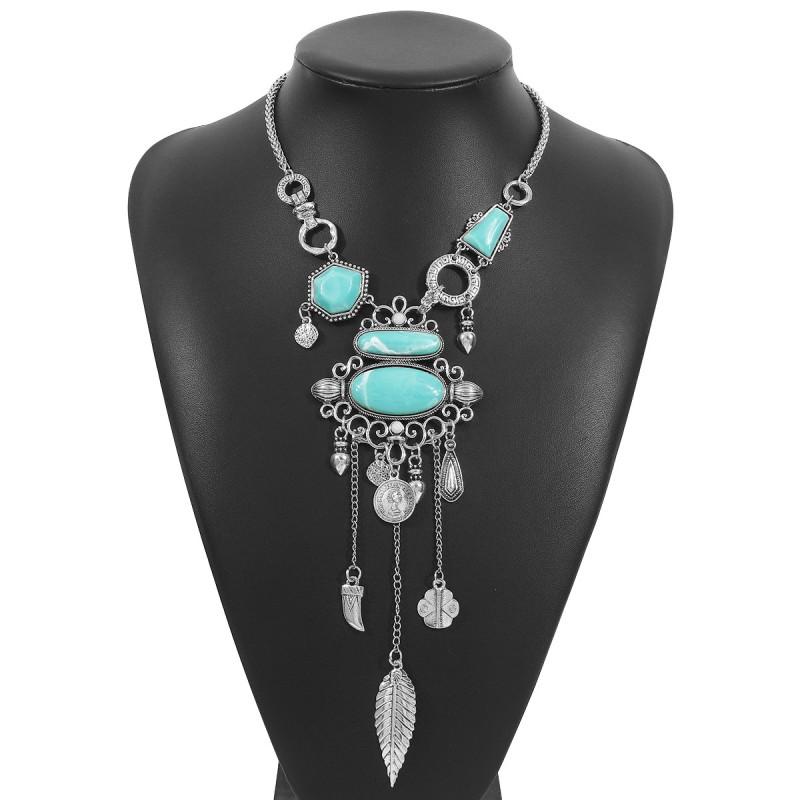 Ethnic Style Turquoise Inlaid Alloy Y-Necklace Vintage Geometric Statement Jewelry